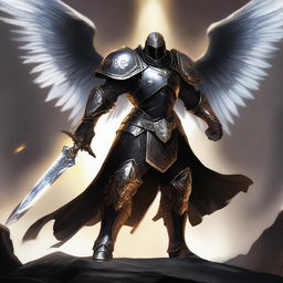 A black-armored Aasimar paladin of vengeance stands in a heroic pose without a helmet