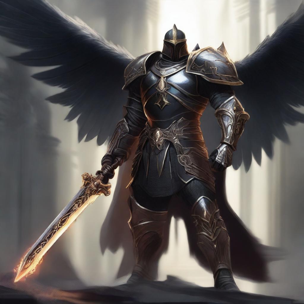 A black-armored Aasimar paladin of vengeance stands in a heroic pose without a helmet