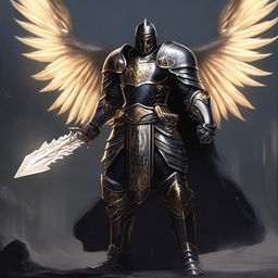 A black-armored Aasimar paladin of vengeance stands in a heroic pose without a helmet