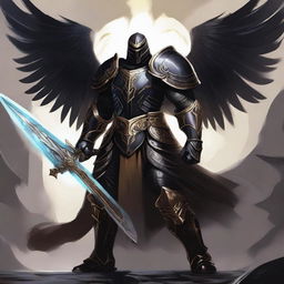 A black-armored Aasimar paladin of vengeance stands in a heroic pose without a helmet