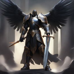 A black-armored Aasimar paladin of vengeance stands in a heroic pose without a helmet