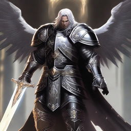 A black-armored Aasimar paladin of vengeance stands in a heroic pose