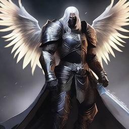 A black-armored Aasimar paladin of vengeance stands in a heroic pose