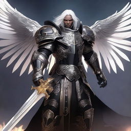 A black-armored Aasimar paladin of vengeance stands in a heroic pose