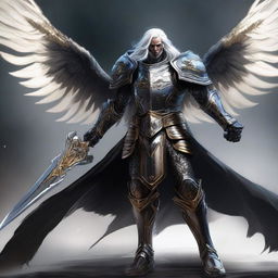 A black-armored Aasimar paladin of vengeance stands in a heroic pose