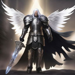 A black-armored Aasimar paladin of vengeance stands in a heroic pose with flowing white hair