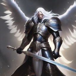 A black-armored Aasimar paladin of vengeance stands in a heroic pose with flowing white hair