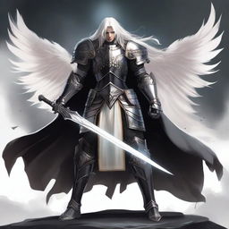 A black-armored Aasimar paladin of vengeance stands in a heroic pose with flowing white hair