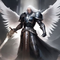 A black-armored Aasimar paladin of vengeance stands in a heroic pose with flowing white hair