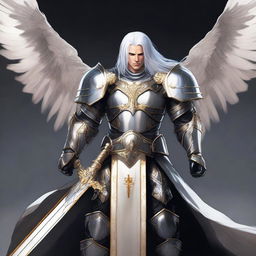 A white-haired Aasimar paladin of vengeance stands in a heroic pose, clad in black armor