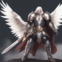 A white-haired Aasimar paladin of vengeance stands in a heroic pose, clad in black armor