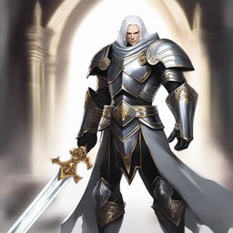 A white-haired Aasimar paladin of vengeance stands in a heroic pose, clad in black armor