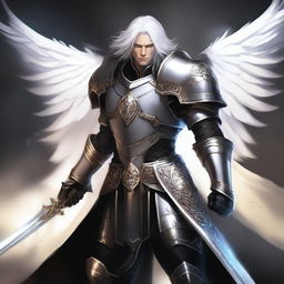 A white-haired Aasimar paladin of vengeance stands in a heroic pose, clad in black armor