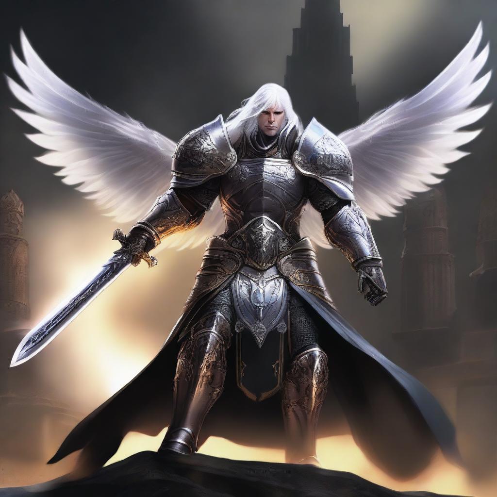 A white-haired Aasimar paladin of vengeance stands in a heroic pose, clad in black armor