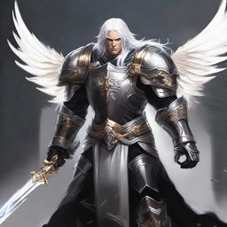 A white-haired Aasimar paladin of vengeance stands in a heroic pose, clad in black armor