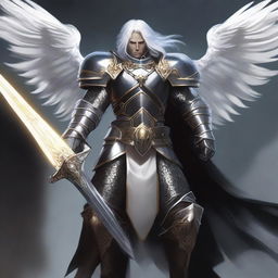 A white-haired Aasimar paladin of vengeance stands in a heroic pose, clad in black armor