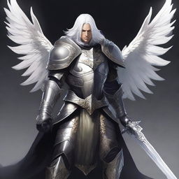 A white-haired Aasimar paladin of vengeance stands in a heroic pose, clad in black armor