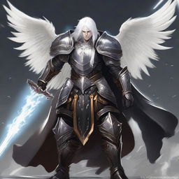 A black-armored Aasimar paladin of vengeance with striking white hair stands in a heroic pose