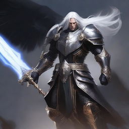 A black-armored Aasimar paladin of vengeance with striking white hair stands in a heroic pose