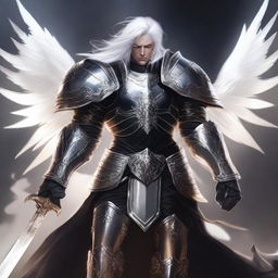 A black-armored Aasimar paladin of vengeance with striking white hair stands in a heroic pose