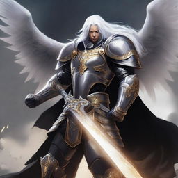 A black-armored Aasimar paladin of vengeance with striking white hair stands in a heroic pose