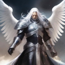 A striking Aasimar paladin of vengeance with flowing white hair, clad in intricate black armor adorned with silver accents