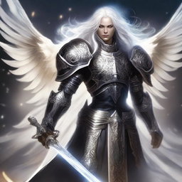 A striking Aasimar paladin of vengeance with flowing white hair, clad in intricate black armor adorned with silver accents