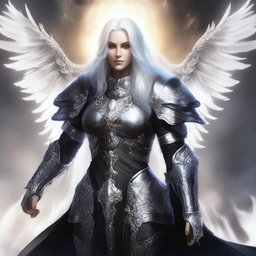 A striking Aasimar paladin of vengeance with flowing white hair, clad in intricate black armor adorned with silver accents