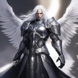 A striking Aasimar paladin of vengeance with flowing white hair, clad in intricate black armor adorned with silver accents