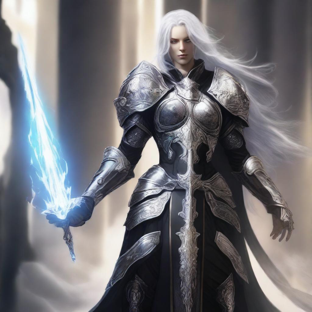 A striking Aasimar paladin of vengeance with flowing white hair, clad in intricate black armor adorned with silver accents