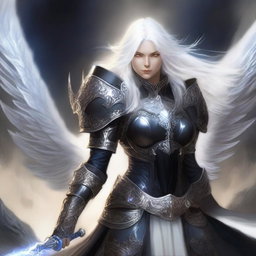 A striking Aasimar paladin of vengeance with flowing white hair, clad in intricate black armor adorned with silver accents