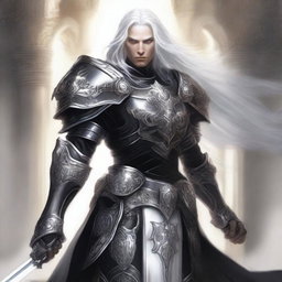 A striking Aasimar paladin of vengeance with flowing white hair, clad in intricate black armor adorned with silver accents