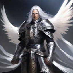 A striking Aasimar paladin of vengeance with flowing white hair, clad in intricate black armor adorned with silver accents