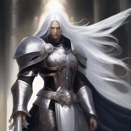 A striking Aasimar paladin of vengeance with flowing white hair, clad in intricate black armor adorned with silver accents