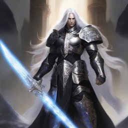 A striking Aasimar paladin of vengeance with flowing white hair, clad in intricate black armor adorned with silver accents