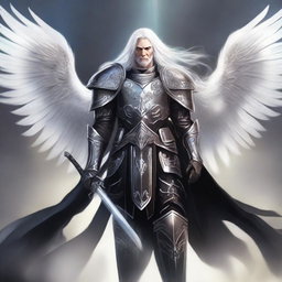 A striking Aasimar paladin of vengeance with flowing white hair, clad in intricate black armor adorned with silver accents
