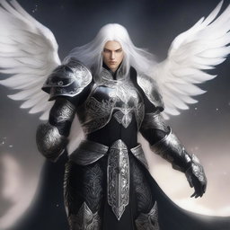 A striking Aasimar paladin of vengeance with flowing white hair, clad in intricate black armor adorned with silver accents