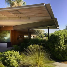 A mid-century modern home with sleek lines, large windows, and a flat roof, surrounded by lush landscaping