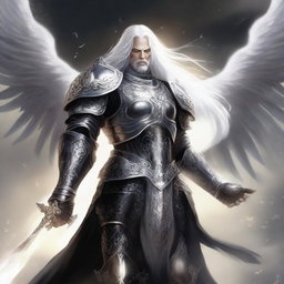 A striking Aasimar paladin of vengeance with flowing white hair, clad in intricate black armor adorned with silver accents