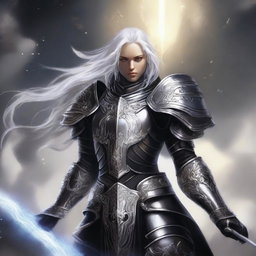 A striking Aasimar paladin of vengeance with flowing white hair, clad in intricate black armor adorned with silver accents