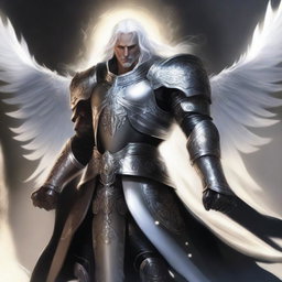 A striking male Aasimar paladin of vengeance with flowing white hair, clad in intricate black armor adorned with silver accents
