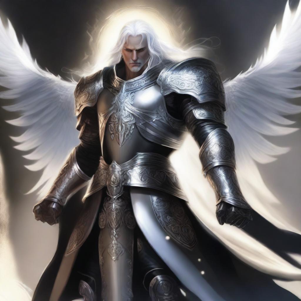 A striking male Aasimar paladin of vengeance with flowing white hair, clad in intricate black armor adorned with silver accents