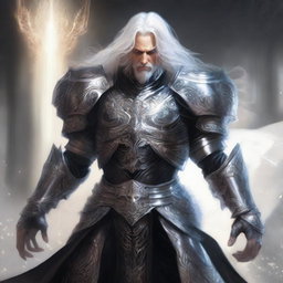 A striking male Aasimar paladin of vengeance with flowing white hair, clad in intricate black armor adorned with silver accents