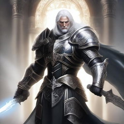 A striking male Aasimar paladin of vengeance with flowing white hair, clad in intricate black armor adorned with silver accents