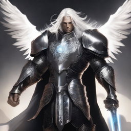 A striking male Aasimar paladin of vengeance with flowing white hair, clad in intricate black armor adorned with silver accents