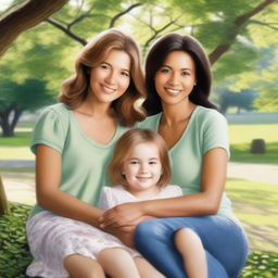 A realistic depiction of two women with two children