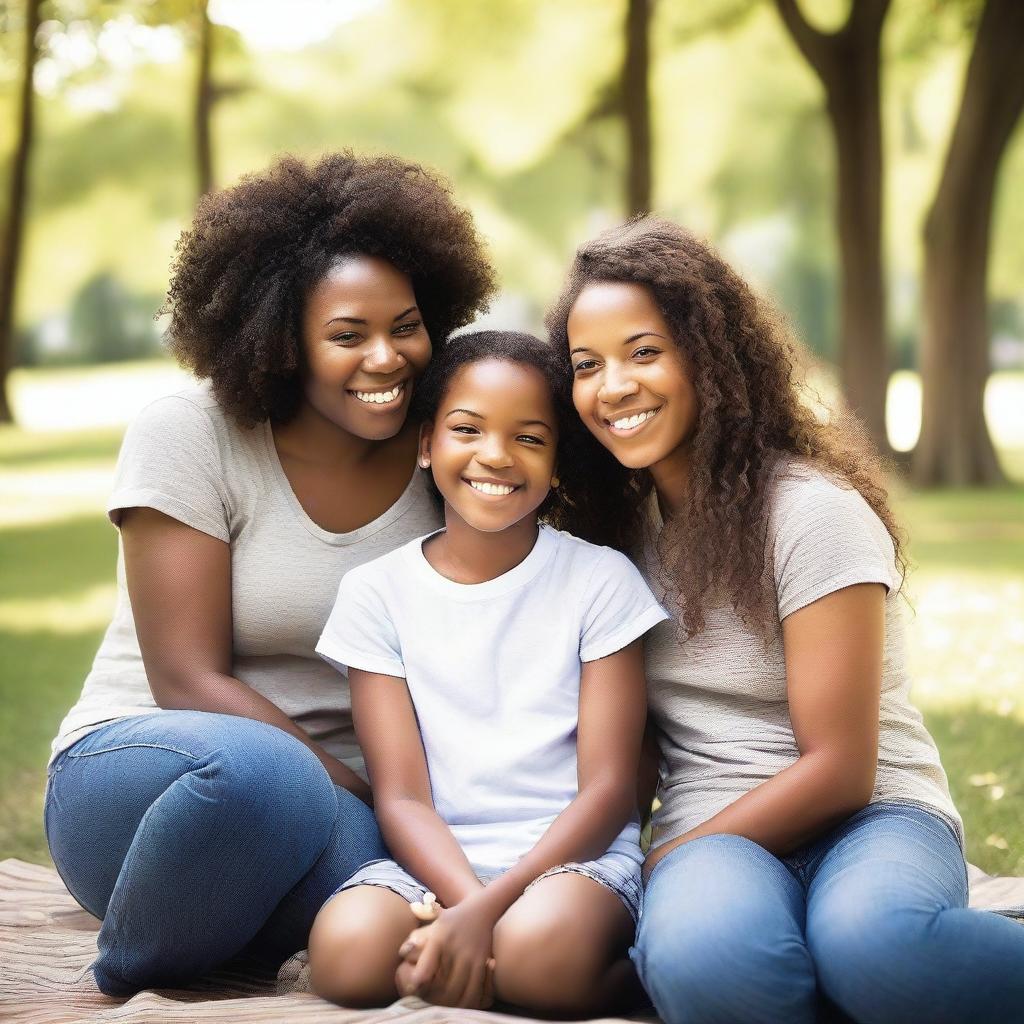 A photograph of two women with two children, captured in a moment of happiness and togetherness in a park or cozy home setting with natural lighting and a warm atmosphere