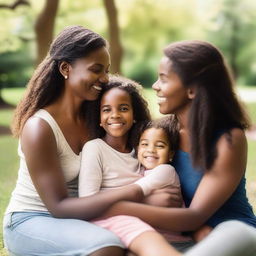 A photograph of two women with two children, captured in a moment of happiness and togetherness in a park or cozy home setting with natural lighting and a warm atmosphere