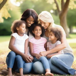 A photograph of two women with two children, captured in a moment of happiness and togetherness in a park or cozy home setting with natural lighting and a warm atmosphere