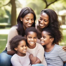 A photograph of two women with two children, captured in a moment of happiness and togetherness in a park or cozy home setting with natural lighting and a warm atmosphere